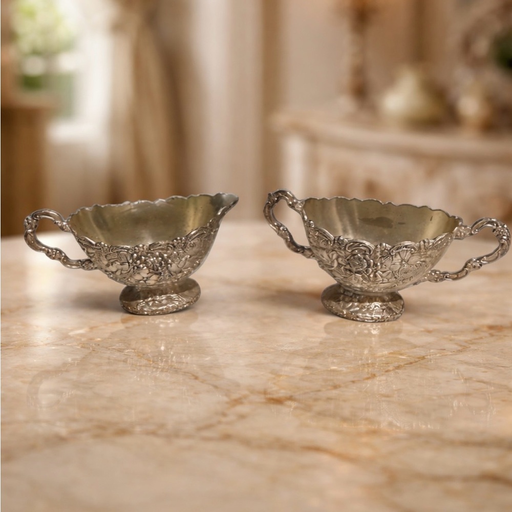 Intricate Silver Floral Creamer and Sugar Set